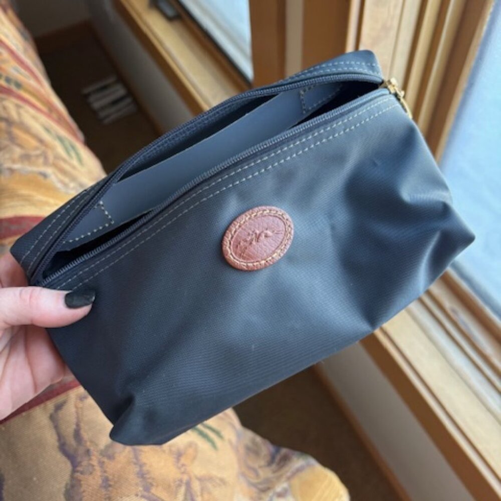 Longchamp Vintage Le Foulonné Black Leather-Trim Cosmetic Pouch / Toiletry Bag